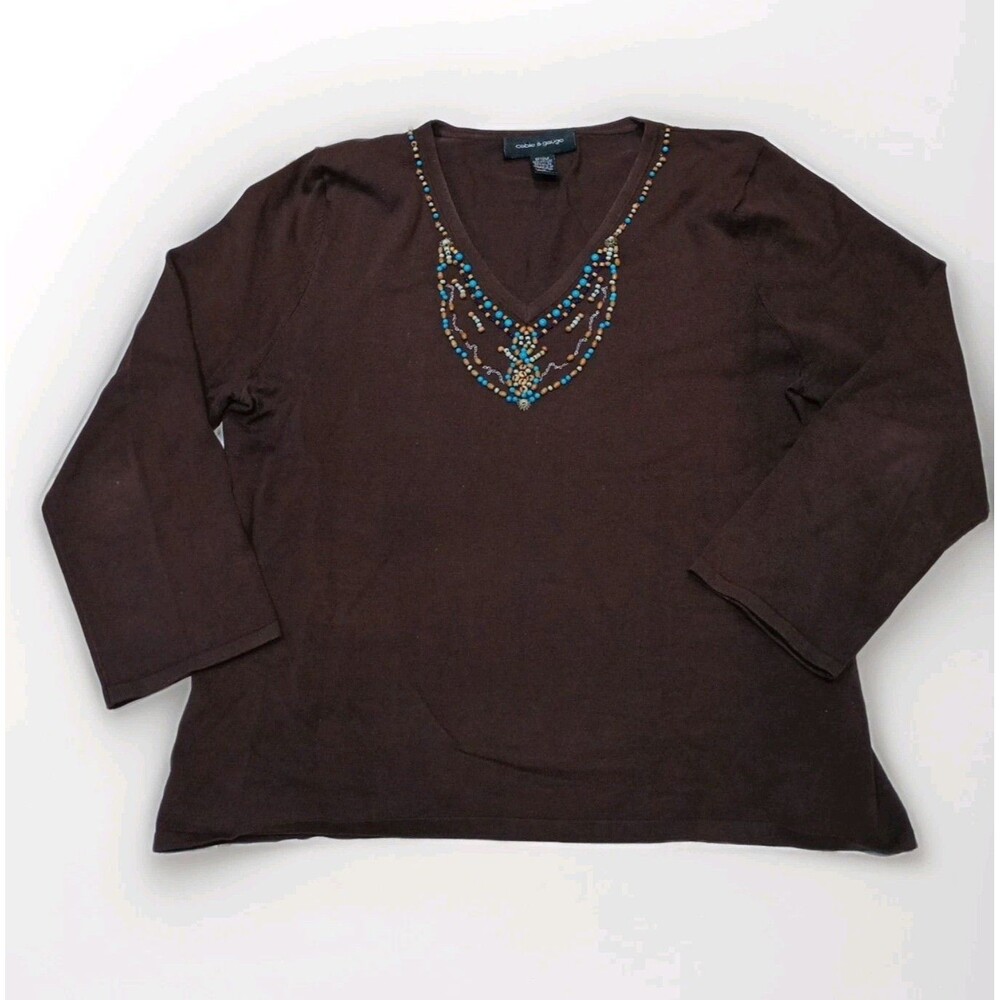 Cable & Gauge Womens Large Brown Shirt With‎ Wooden Beads Long Sleeve